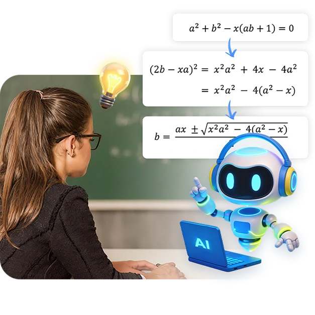 Student learning while an AI robot shows step-by-step equations on a laptop, illustrating an AI math solver.