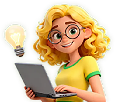 Cartoon character with curly blonde hair and glasses using a laptop, symbolizing Question AI's role in homework assistance.